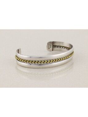 Sterling Silver Cuff Bracelet with Brass Center Rope Design Adjustable 7"